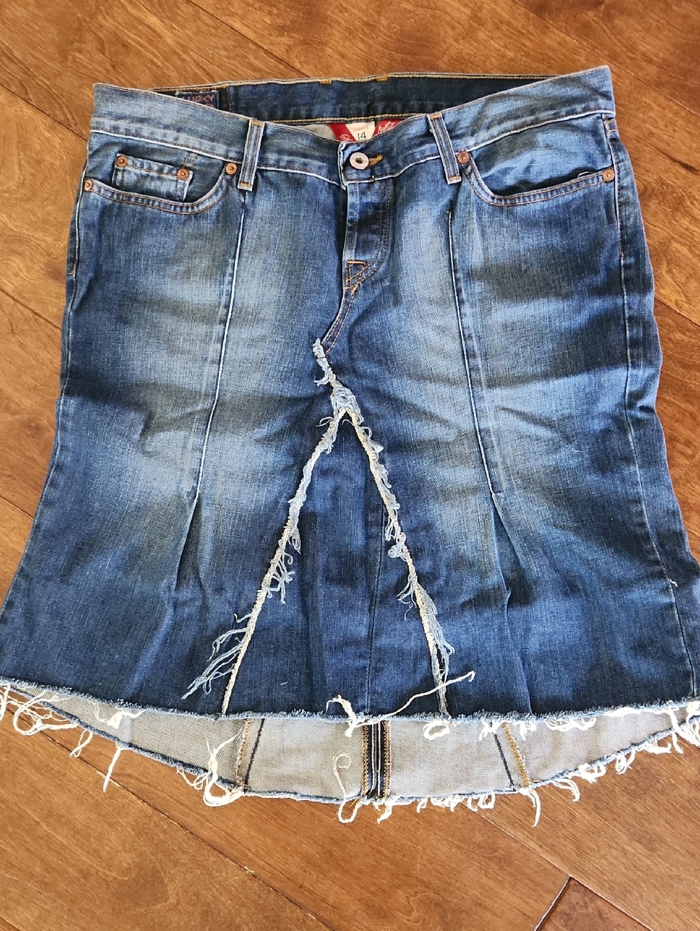 LUCKY BRAND Distressed Denim Skirt in Medium Blue, High-Low Hem, Size 14